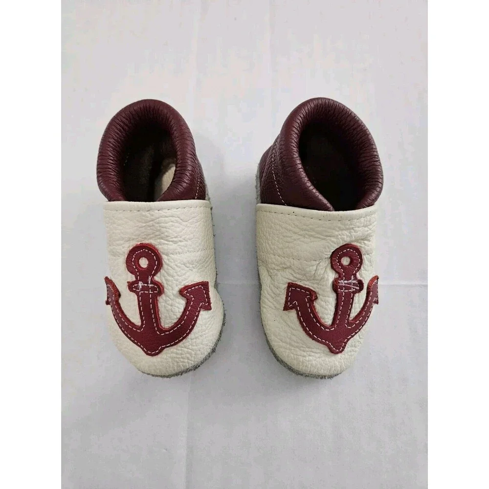 Leather Baby Crib Shoes Anchor White And Red 0-6 Months